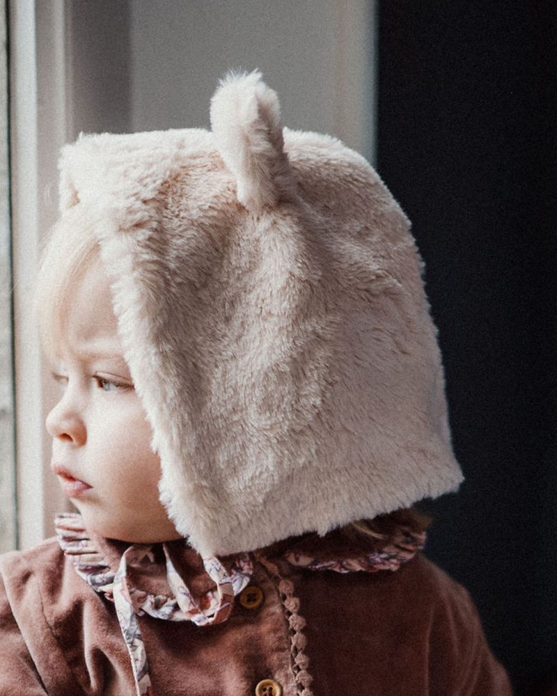 Bonnet Ourson fourrure rose